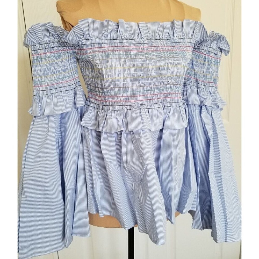 AQUA Brand Womens Tunic Top, Blue&White Stripe, Bell Sleeves Off The Shoulder S - Picture 2 of 8